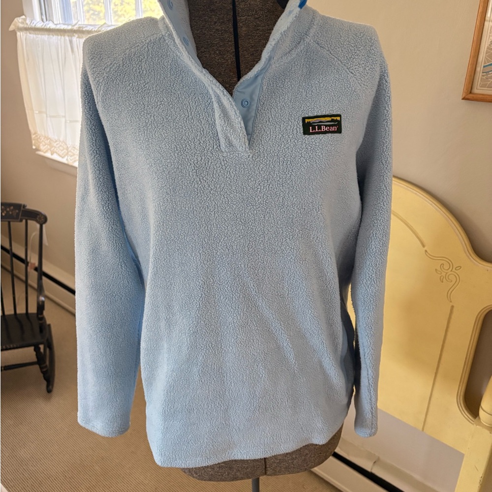 L.L. Bean Women's Sky Blue Cowl Neck Sweater with pockets and 5 snaps at top